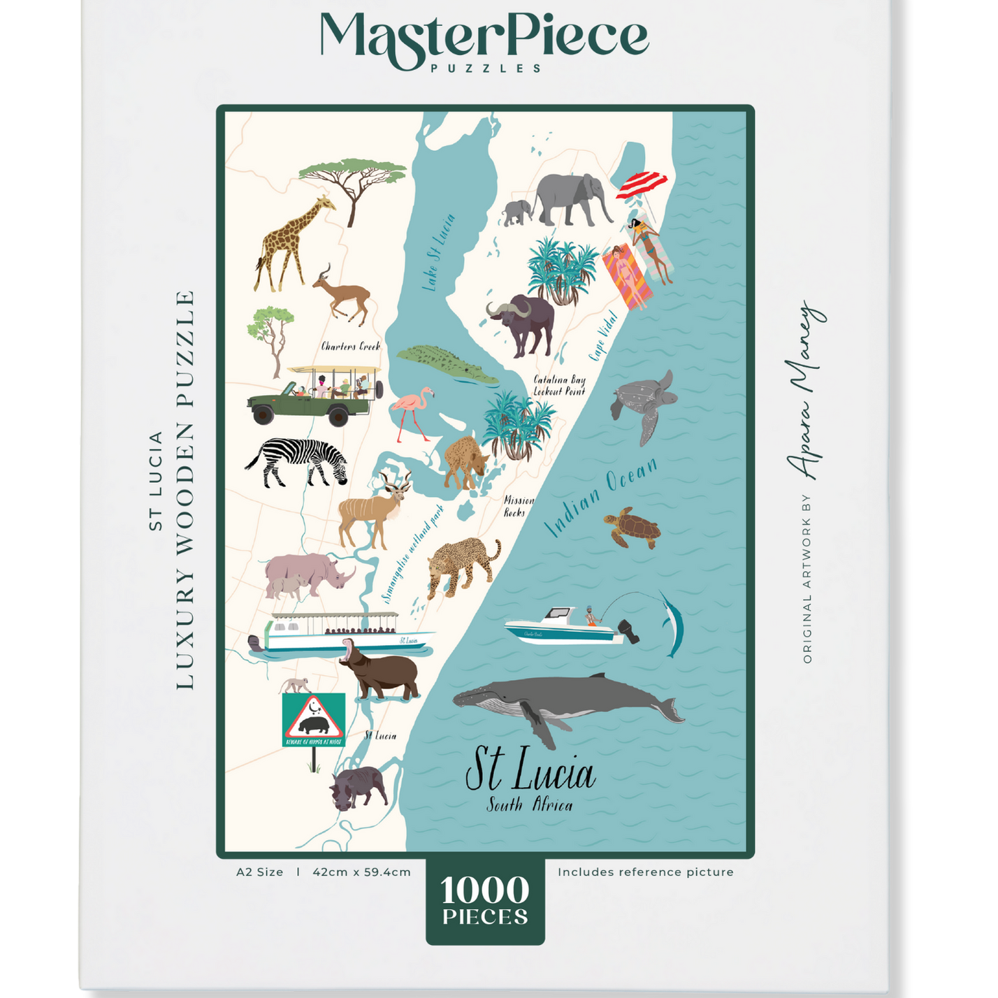 St Lucia is a MasterPiece wooden jigsaw puzzle that features the town where wetlands, wildlife and coastline meet. Uncover this extraordinary town piece by piece with a beautifully illustrated premium wooden puzzle, celebrating its natural wonders and rich biodiversity.
Precision-cut from 3mm thick wood and expertly printed, our MasterPiece puzzles offer a tactile and satisfying puzzling experience like no other. They are perfect for art lovers, proud South Africans and anyone looking for a thoughtful gift.