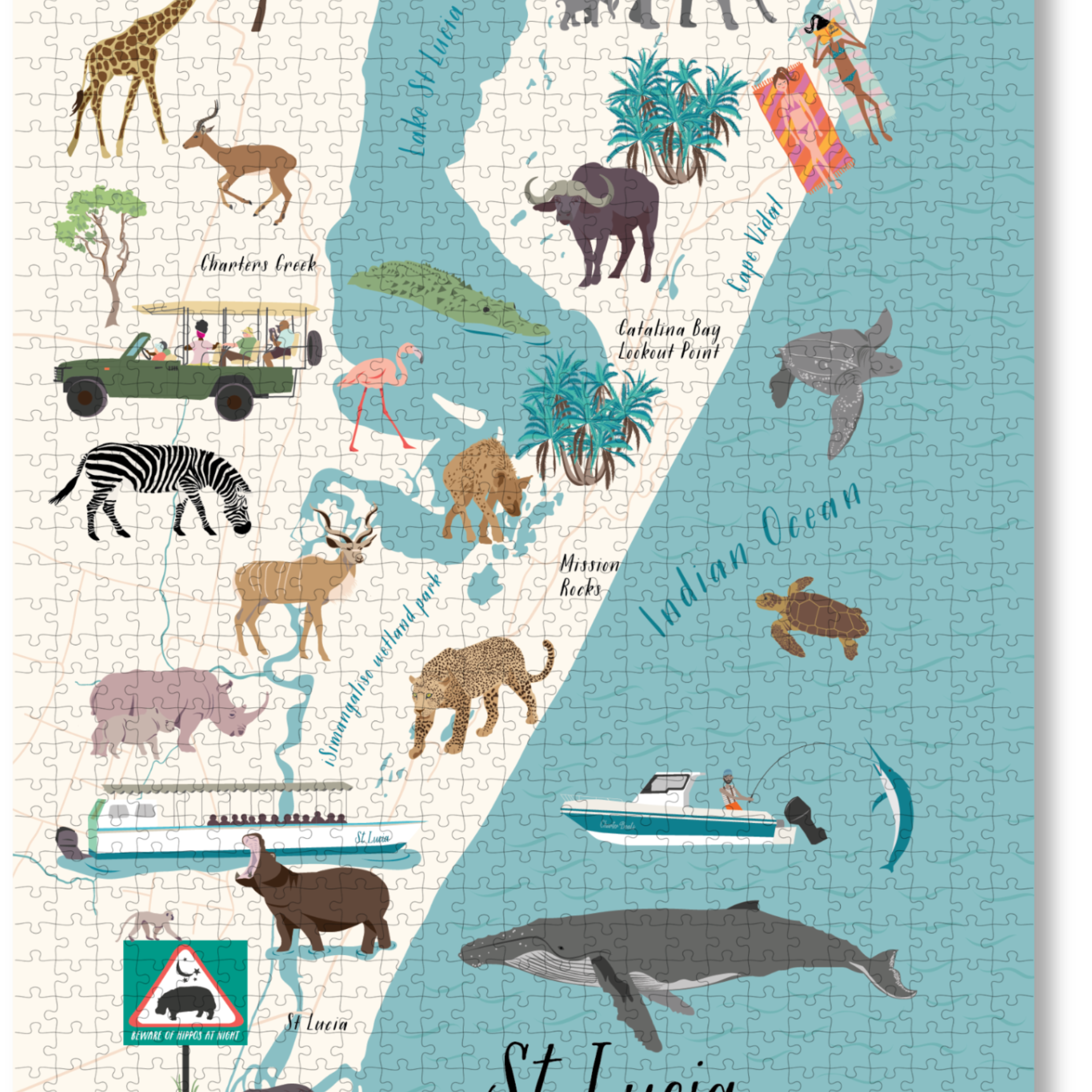 St Lucia is a MasterPiece wooden jigsaw puzzle that features the town where wetlands, wildlife and coastline meet. Uncover this extraordinary town piece by piece with a beautifully illustrated premium wooden puzzle, celebrating its natural wonders and rich biodiversity.
Precision-cut from 3mm thick wood and expertly printed, our MasterPiece puzzles offer a tactile and satisfying puzzling experience like no other. They are perfect for art lovers, proud South Africans and anyone looking for a thoughtful gift.