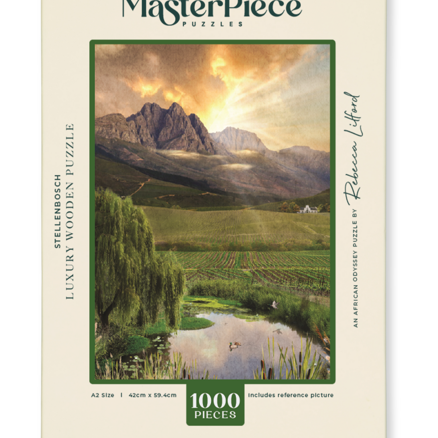 Stellenbosch is a MasterPiece wooden jigsaw puzzle from the African Odyssey poster series designed to showcase Africa’s most iconic natural wonders. This design captures one of the country's oldest towns renowned wine region. Precision-cut from 3mm thick wood and expertly printed, our MasterPiece puzzles offer a tactile and satisfying puzzling experience like no other. They are perfect for art lovers, nature enthusiasts and anyone looking for a thoughtful gift.