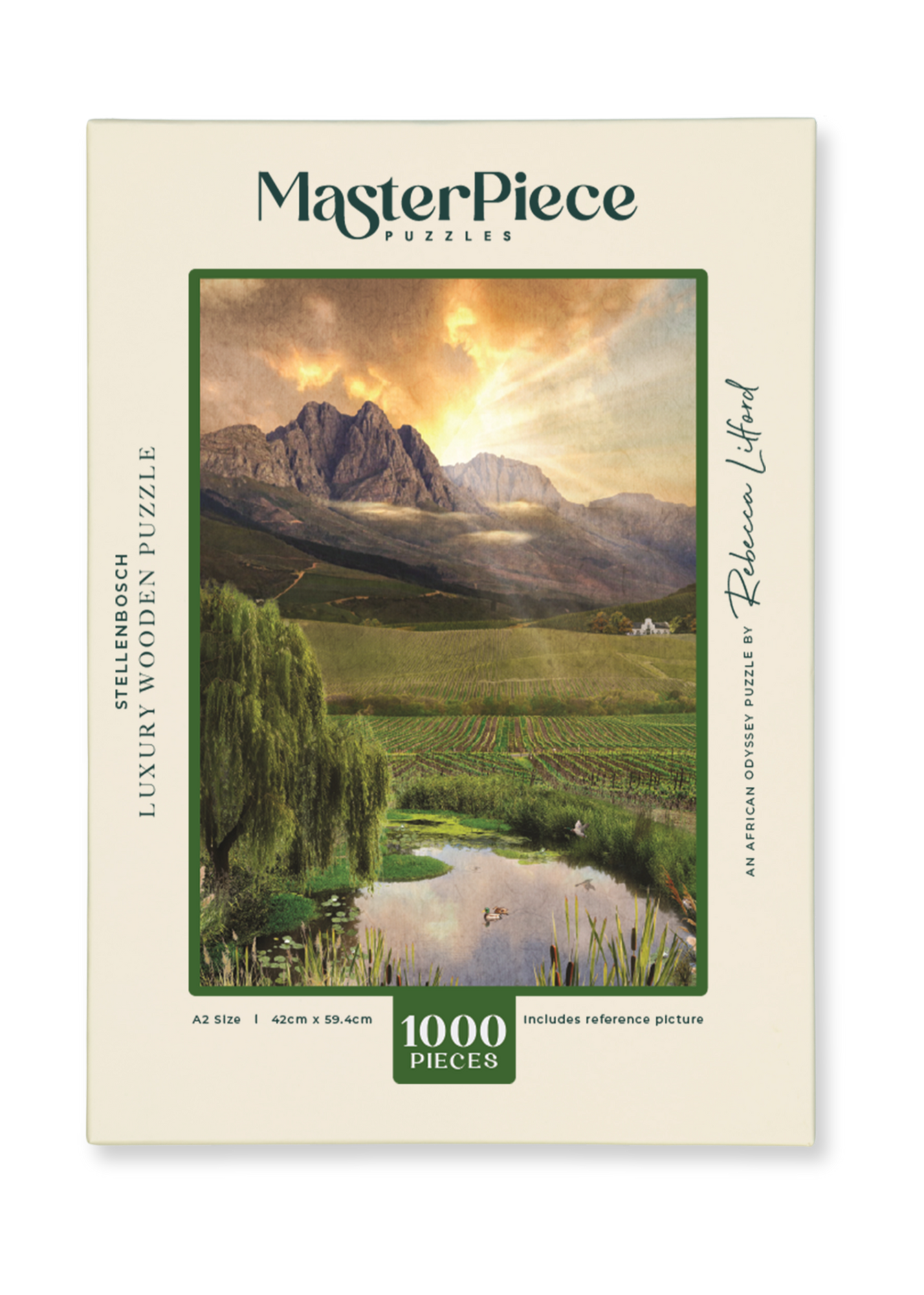 Stellenbosch is a MasterPiece wooden jigsaw puzzle from the African Odyssey poster series designed to showcase Africa’s most iconic natural wonders. This design captures one of the country's oldest towns renowned wine region. Precision-cut from 3mm thick wood and expertly printed, our MasterPiece puzzles offer a tactile and satisfying puzzling experience like no other. They are perfect for art lovers, nature enthusiasts and anyone looking for a thoughtful gift.