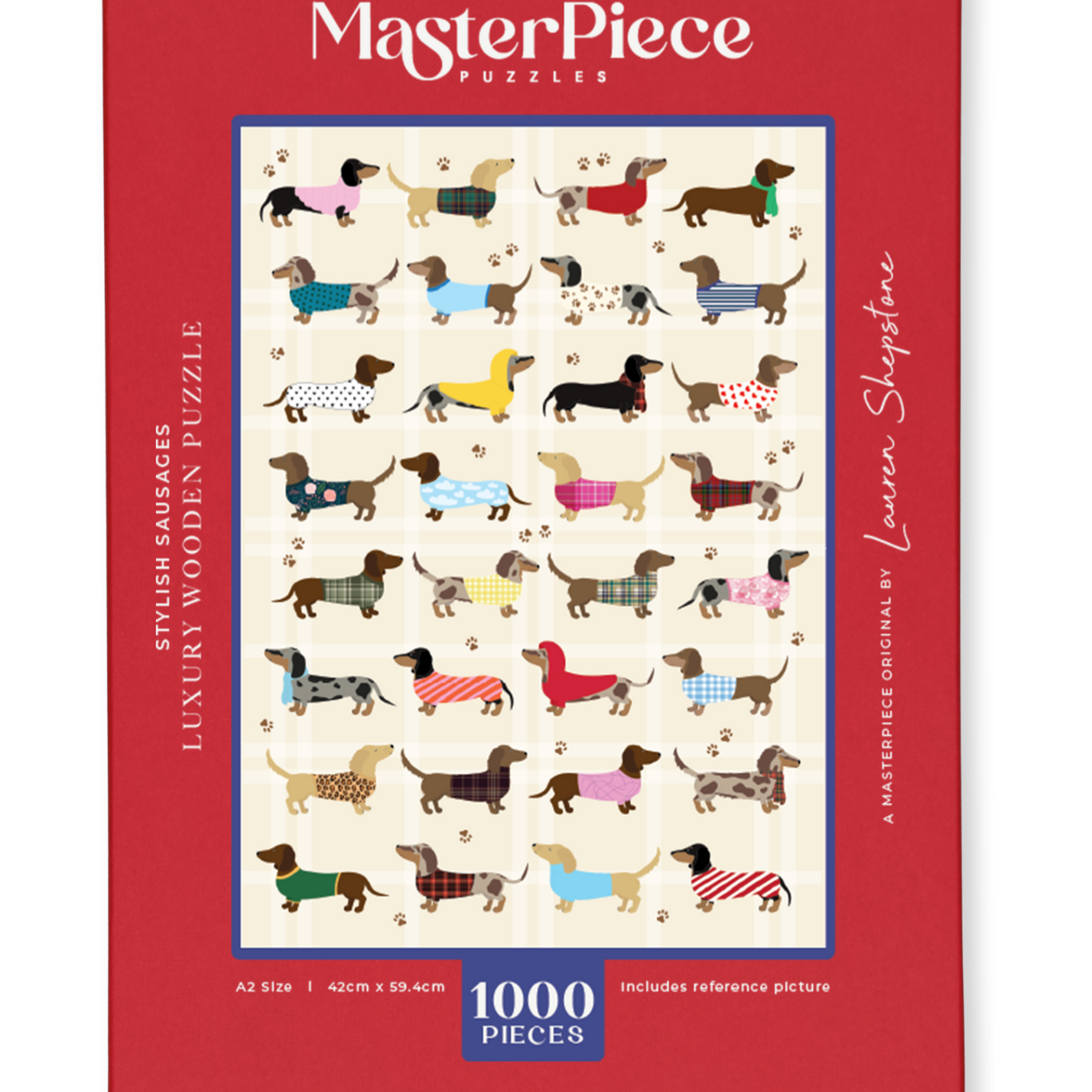 Stylish Sausages is a MasterPiece wooden jigsaw puzzle featuring an adorable line-up of sausage dogs strutting their stuff in various colourful jerseys and scarves, a must-have for dachshund lovers!

Precision-cut from 3mm thick wood and expertly printed, our MasterPiece puzzles offer a tactile and satisfying puzzling experience like no other. This puzzle is perfect for dachshund lovers and anyone looking for a thoughtful gift. 