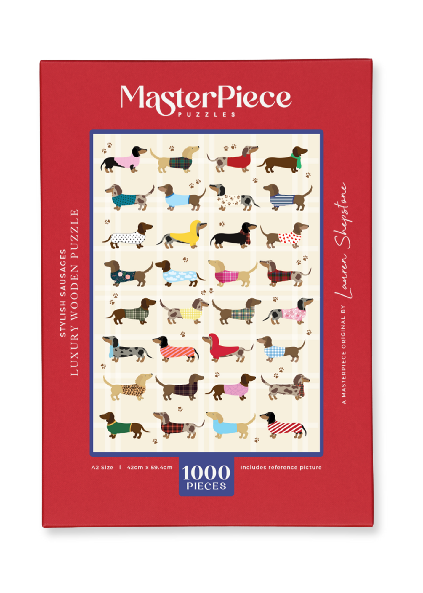 Stylish Sausages is a MasterPiece wooden jigsaw puzzle featuring an adorable line-up of sausage dogs strutting their stuff in various colourful jerseys and scarves, a must-have for dachshund lovers!

Precision-cut from 3mm thick wood and expertly printed, our MasterPiece puzzles offer a tactile and satisfying puzzling experience like no other. This puzzle is perfect for dachshund lovers and anyone looking for a thoughtful gift. 