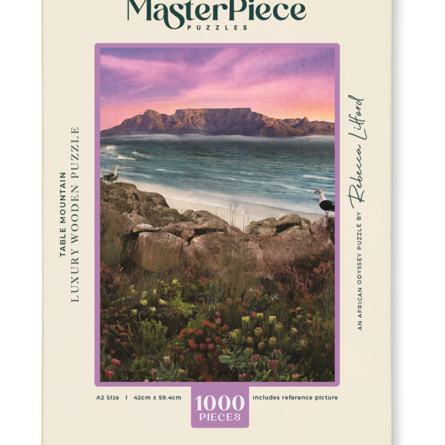 Table Mountain is a MasterPiece wooden jigsaw puzzle from the African Odyssey poster series designed to showcase Africa’s most iconic natural wonders. This design captures the iconic flat-topped mountain overlooking Cape Town, South Africa. Precision-cut from 3mm thick wood and expertly printed, our MasterPiece puzzles offer a tactile and satisfying puzzling experience like no other. They are perfect for art lovers, nature enthusiasts and anyone looking for a thoughtful gift.