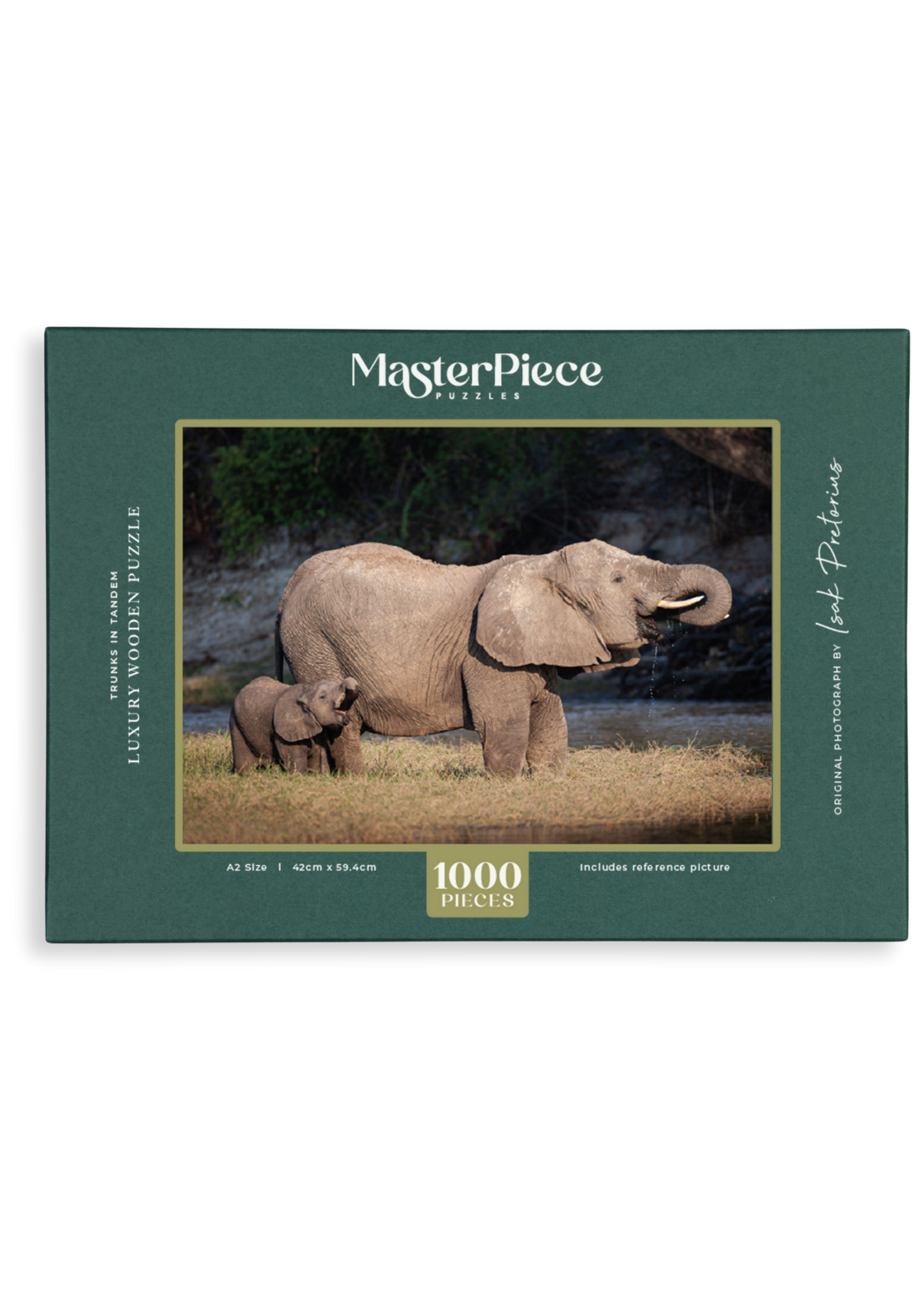Trunks in Tandem is a MasterPiece wooden jigsaw puzzle that features a beautiful photograph of an elephant and elephant calf both drinking water with their trunks in their mouths.

Precision-cut from 3mm wood and expertly printed, our MasterPiece puzzles offer a tactile and satisfying puzzling experience like no other. They are perfect for wildlife lovers, nature enthusiasts and anyone looking for a thoughtful gift.