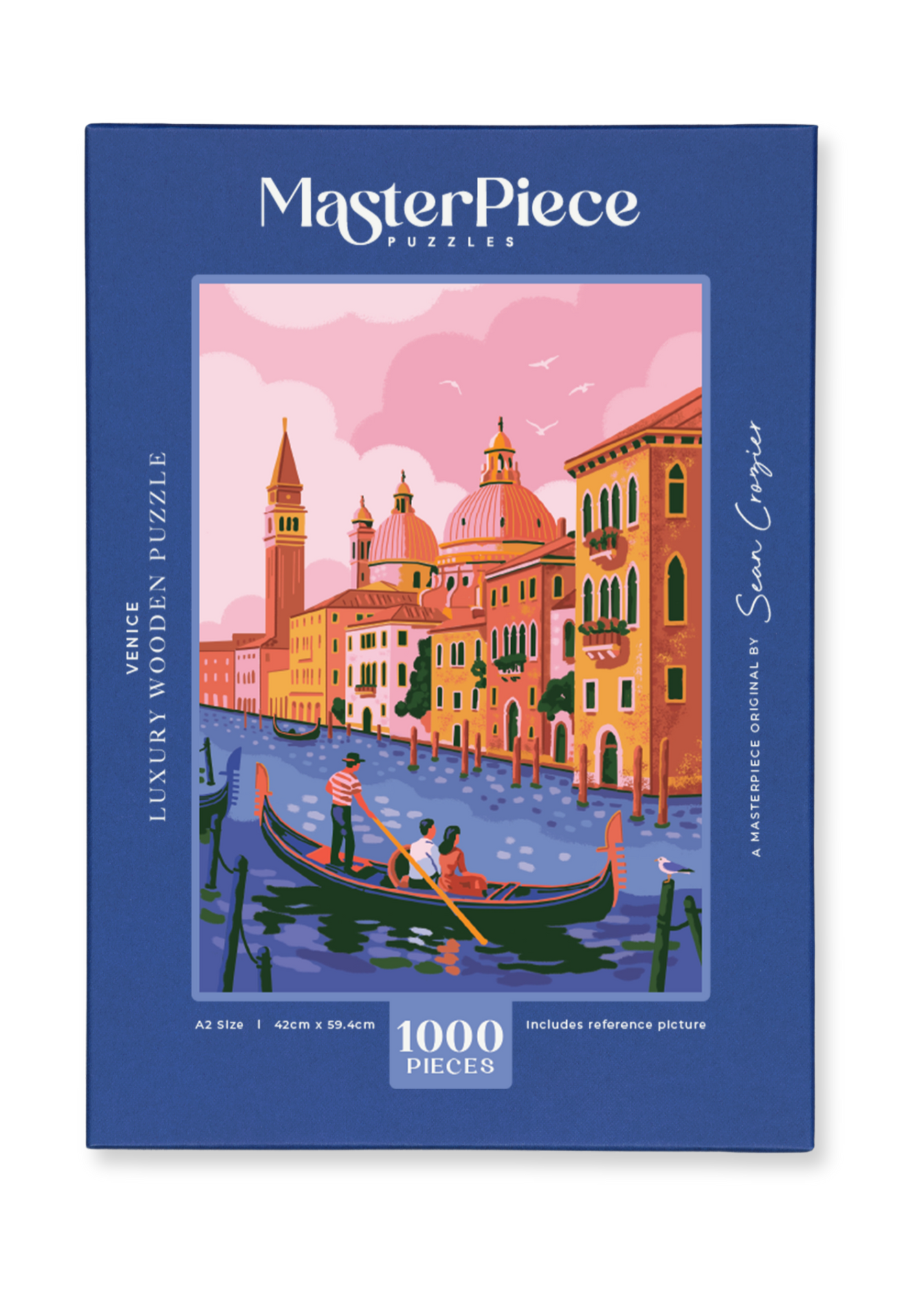 Venice is a MasterPiece wooden jigsaw puzzle featuring an illustration with an iconic gondola, pastel buildings and a dreamy pink sky. Soft hues of pink, orange and blue beautifully capture the romantic charm of Italy’s floating city.

Precision-cut from 3mm thick wood and expertly printed, our MasterPiece puzzles offer a tactile and satisfying puzzling experience like no other. This puzzle is perfect for art lovers, travellers and anyone looking for a thoughtful gift.