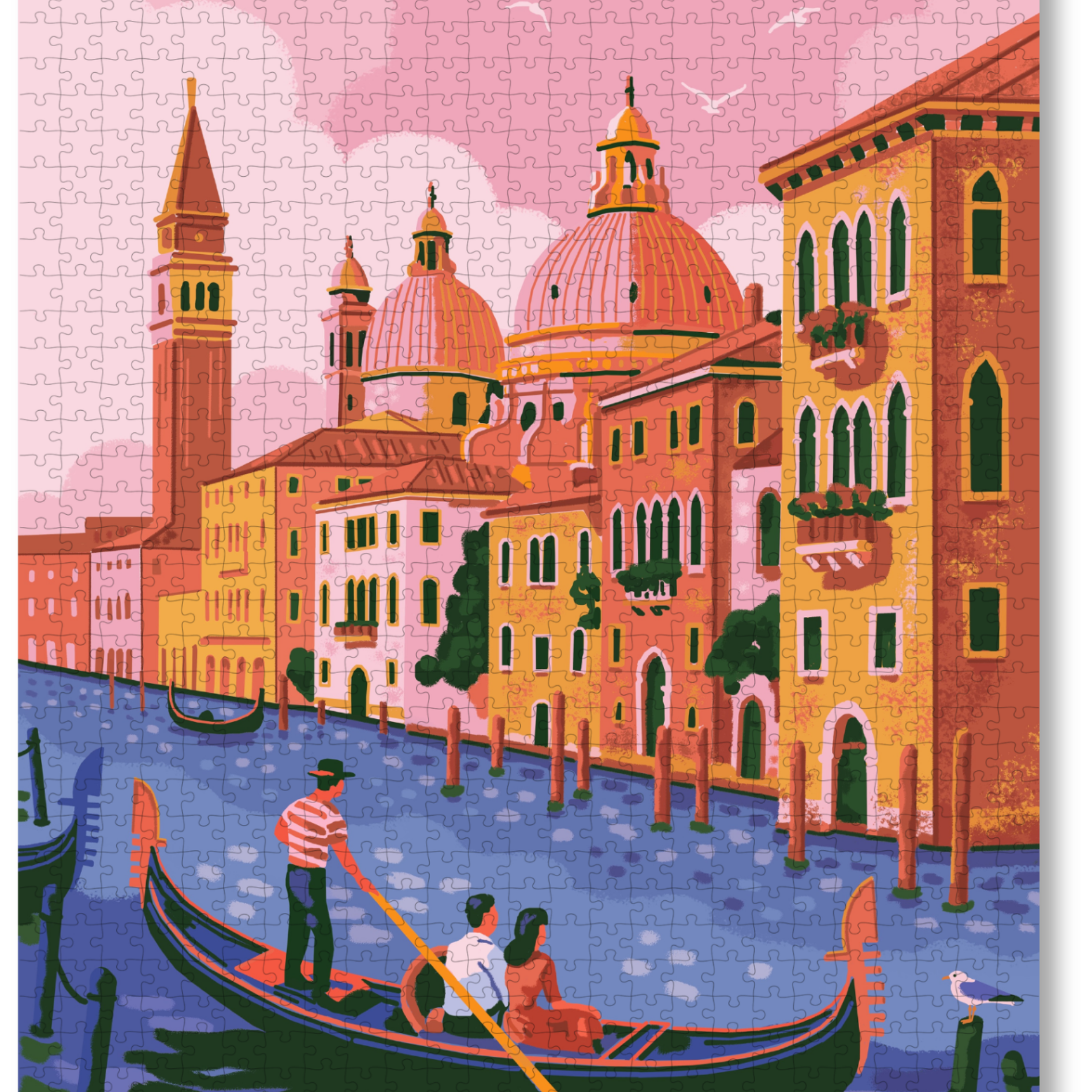 Venice is a MasterPiece wooden jigsaw puzzle featuring an illustration with an iconic gondola, pastel buildings and a dreamy pink sky. Soft hues of pink, orange and blue beautifully capture the romantic charm of Italy’s floating city.

Precision-cut from 3mm thick wood and expertly printed, our MasterPiece puzzles offer a tactile and satisfying puzzling experience like no other. This puzzle is perfect for art lovers, travellers and anyone looking for a thoughtful gift.
