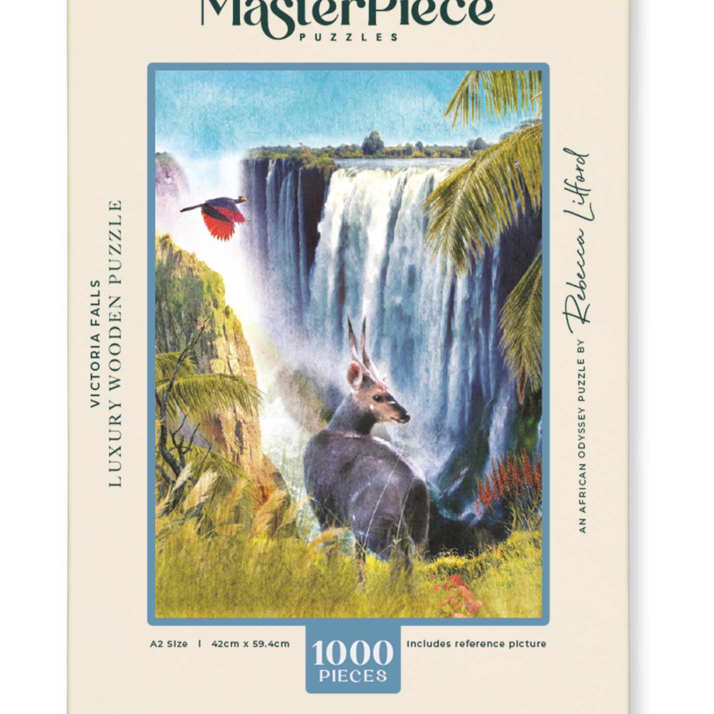 Victoria Falls is a MasterPiece wooden jigsaw puzzle from the African Odyssey poster series designed to showcase Africa’s most iconic natural wonders. This design captures one of the world’s largest waterfalls, on the border of Zambia and Zimbabwe. Precision-cut from 3mm thick wood and expertly printed, our MasterPiece puzzles offer a tactile and satisfying puzzling experience like no other. They are perfect for art lovers, nature enthusiasts and anyone looking for a thoughtful gift.