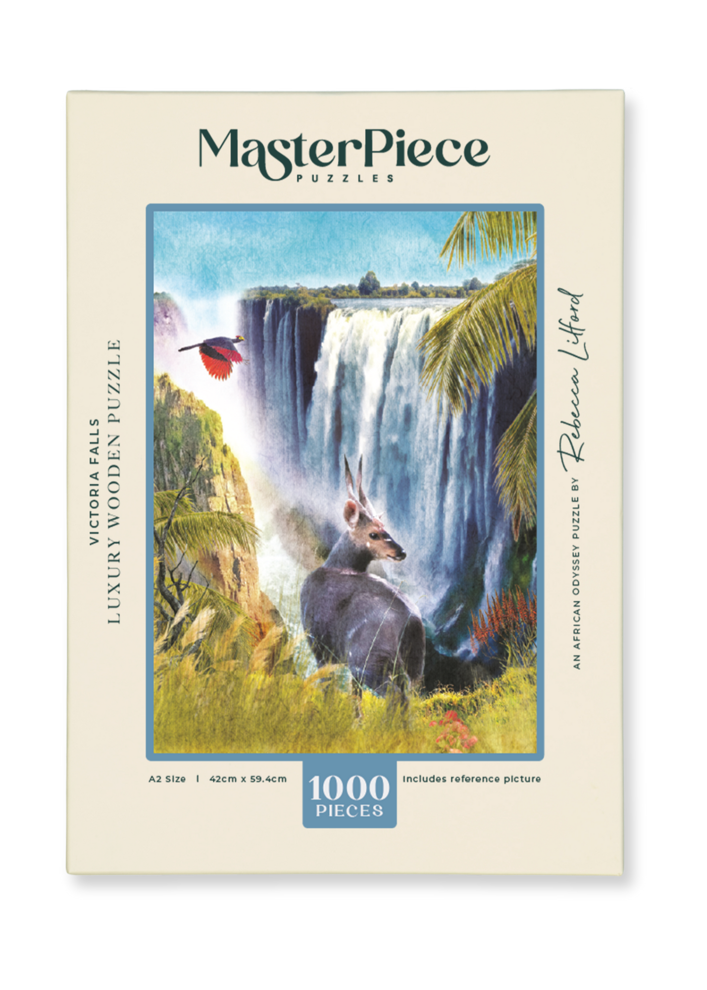 Victoria Falls is a MasterPiece wooden jigsaw puzzle from the African Odyssey poster series designed to showcase Africa’s most iconic natural wonders. This design captures one of the world’s largest waterfalls, on the border of Zambia and Zimbabwe. Precision-cut from 3mm thick wood and expertly printed, our MasterPiece puzzles offer a tactile and satisfying puzzling experience like no other. They are perfect for art lovers, nature enthusiasts and anyone looking for a thoughtful gift.