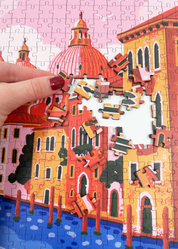 A MasterPiece luxury wooden puzzle of Venice, the floating city. This puzzle features a gondola, pastel buildings and a pink sky. Great for a keep-sake, heirloom, gift ideas and even wall art or home decor if framed.