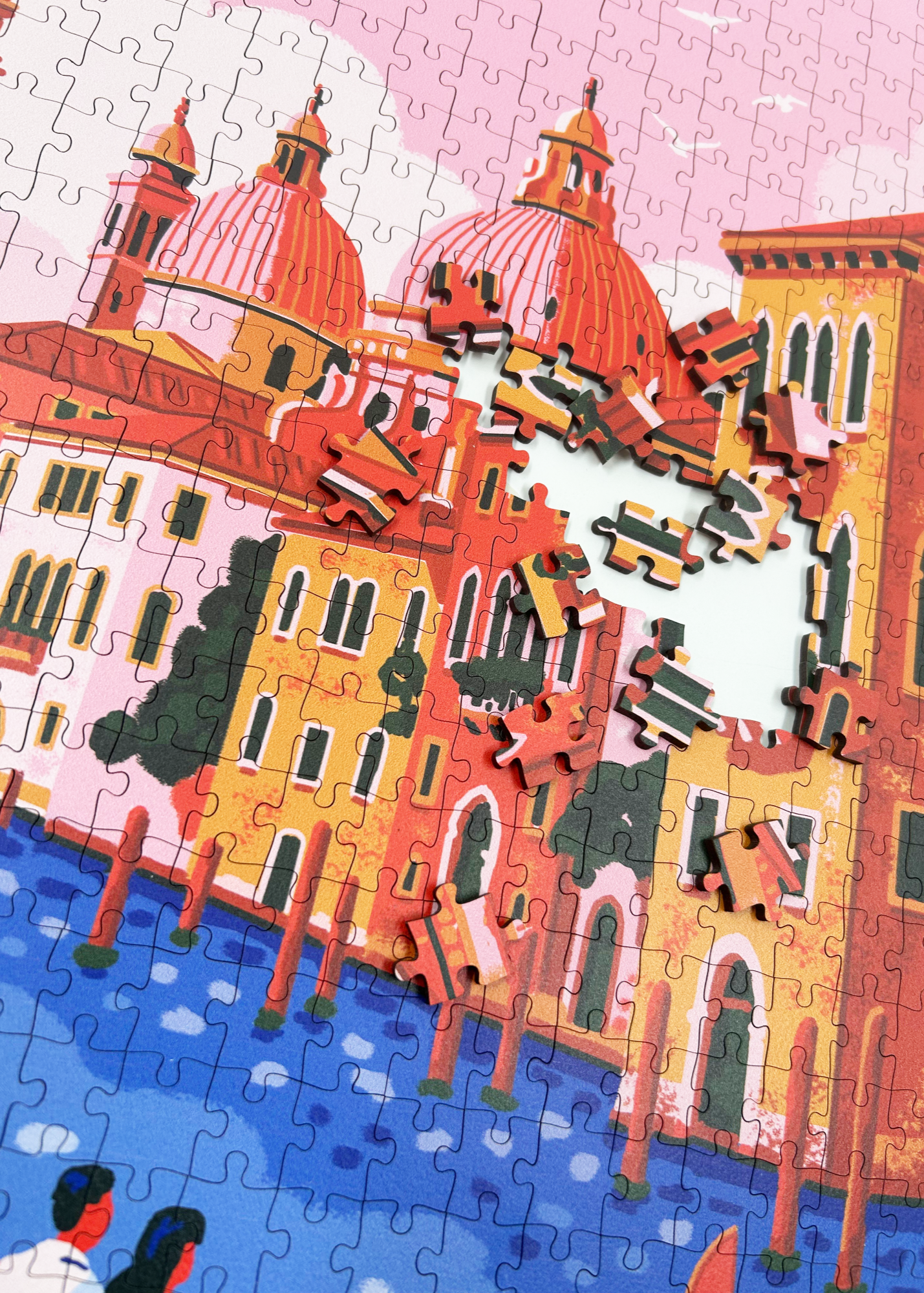 A MasterPiece luxury wooden puzzle of Venice, the floating city. This puzzle features a gondola, pastel buildings and a pink sky. Great for a keep-sake, heirloom, gift ideas and even wall art or home decor if framed.