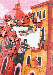 A MasterPiece luxury wooden puzzle of Venice, the floating city. This puzzle features a gondola, pastel buildings and a pink sky. Great for a keep-sake, heirloom, gift ideas and even wall art or home decor if framed.