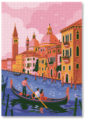 A MasterPiece luxury wooden puzzle of Venice, the floating city. This puzzle features a gondola, pastel buildings and a pink sky. Great for a keep-sake, heirloom, gift ideas and even wall art or home decor if framed.