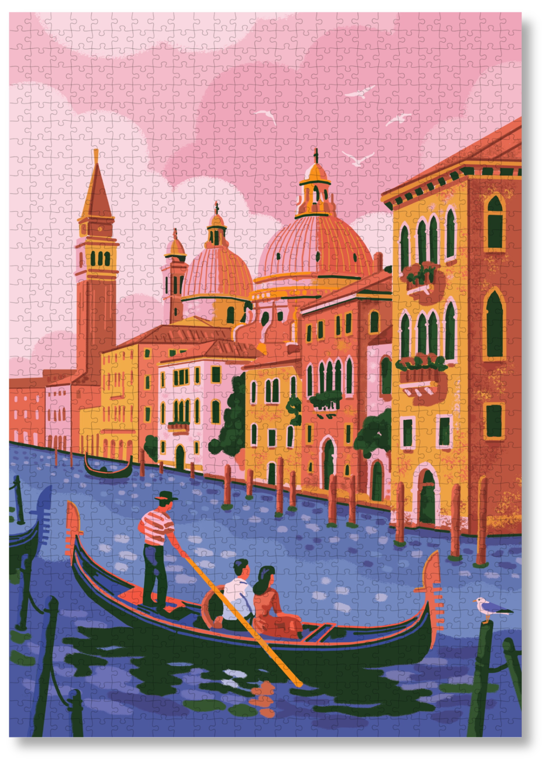 A MasterPiece luxury wooden puzzle of Venice, the floating city. This puzzle features a gondola, pastel buildings and a pink sky. Great for a keep-sake, heirloom, gift ideas and even wall art or home decor if framed.