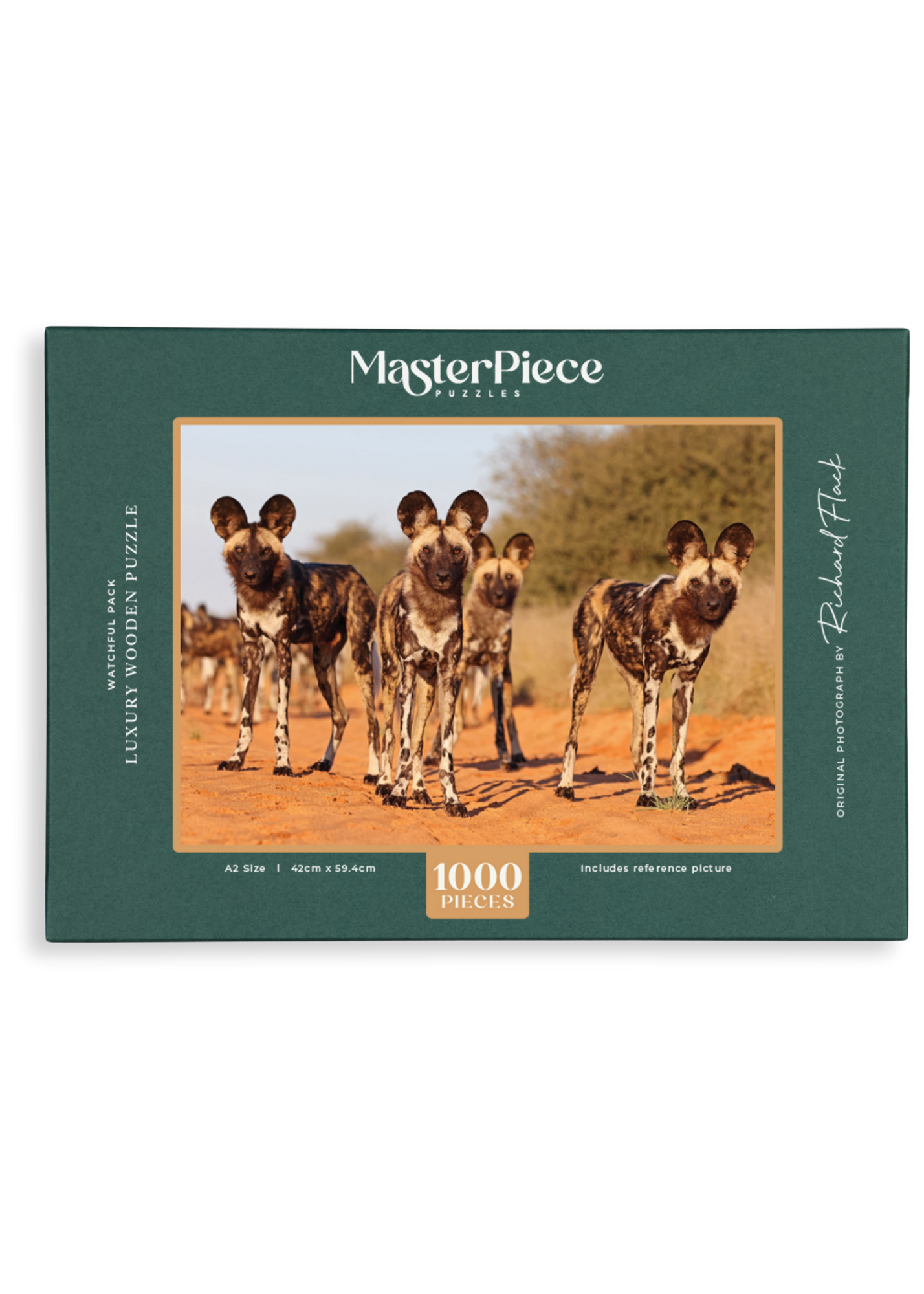 Watchful Pack is a MasterPiece wooden jigsaw puzzle featuring a striking photograph of a pack of wild dogs looking right at you.

Precision-cut from 3mm thick wood and expertly printed, our MasterPiece puzzles offer a tactile and satisfying puzzling experience like no other. They are perfect for wildlife lovers, nature enthusiasts and anyone looking for a thoughtful gift.