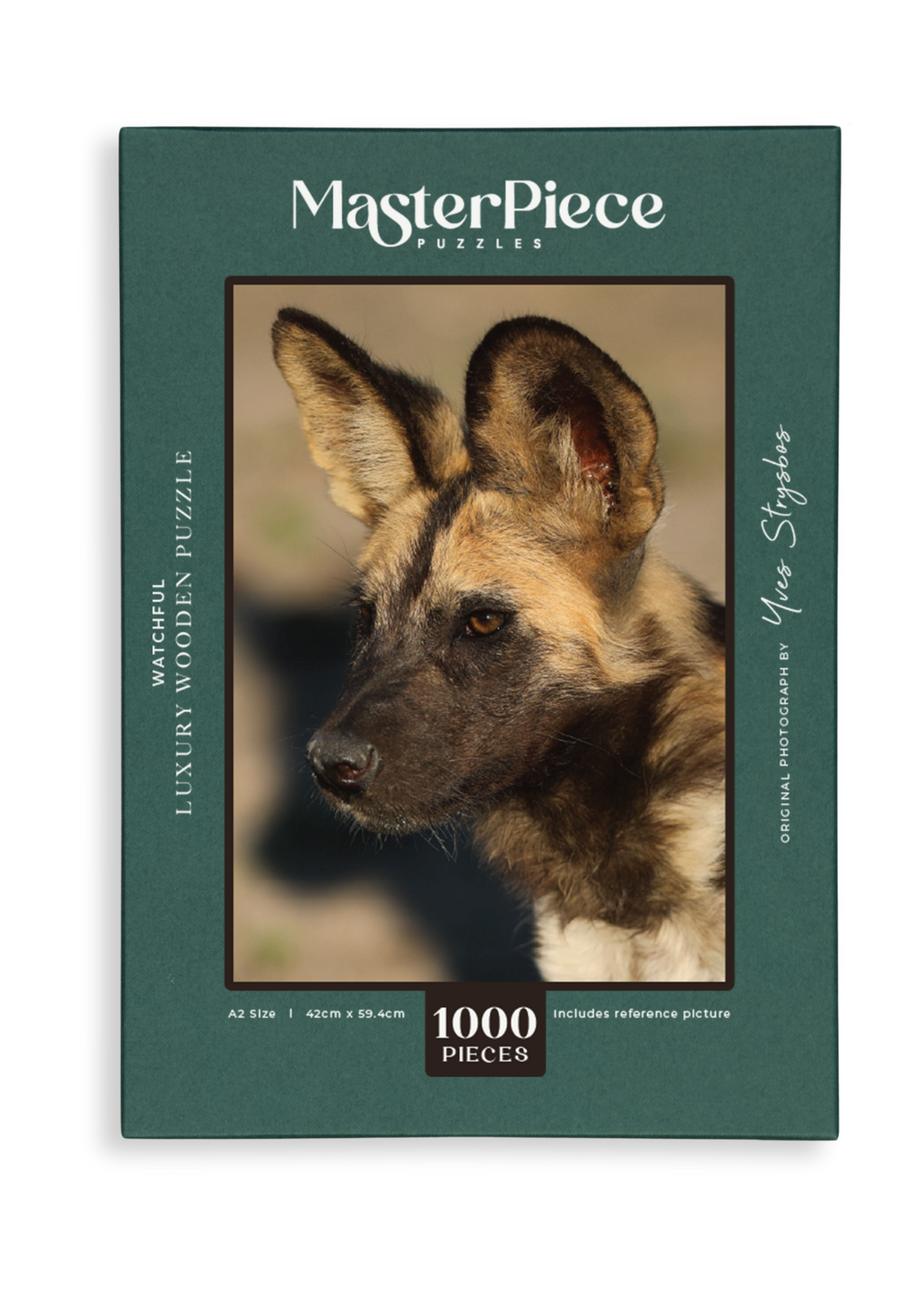 Watchful is a MasterPiece wooden jigsaw puzzle featuring a striking portrait photograph of a wild dog.

Precision-cut from 3mm thick wood and expertly printed, our MasterPiece puzzles offer a tactile and satisfying puzzling experience like no other. They are perfect for wildlife lovers, nature enthusiasts and anyone looking for a thoughtful gift.