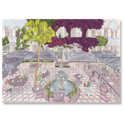 A MasterPiece luxury wooden puzzle of The Winchester Hotel in Seapoint. This puzzle features the iconic courtyard with striped umbrellas and lush greenery draping from the balconies. This puzzle features a gondola, pastel buildings and a pink sky. Great for a keep-sake, heirloom, gift ideas and even wall art or home decor if framed.