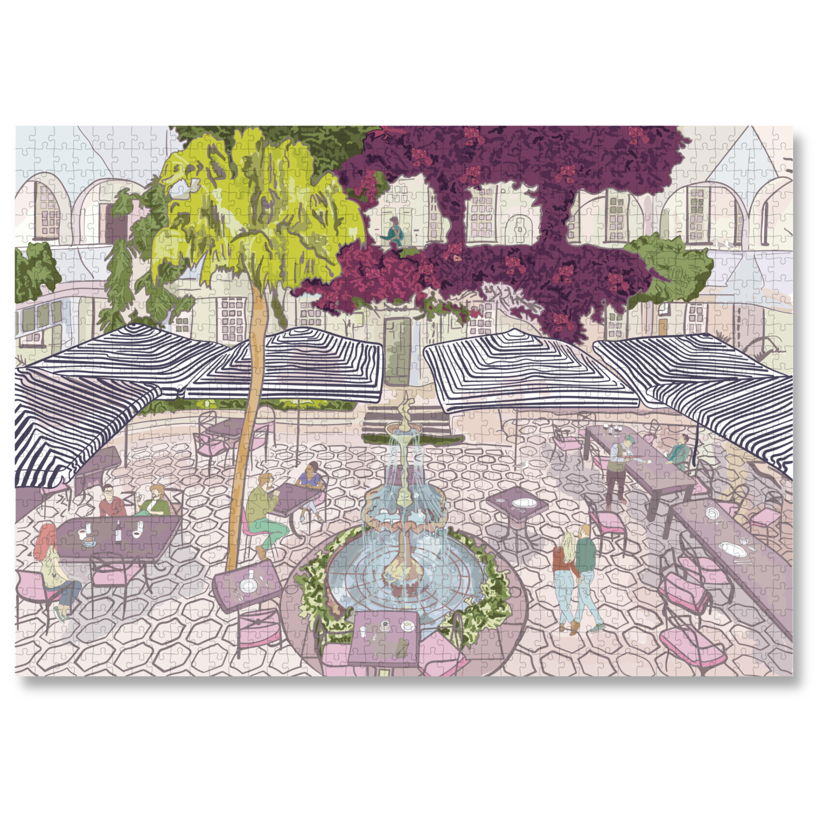 A MasterPiece luxury wooden puzzle of The Winchester Hotel in Seapoint. This puzzle features the iconic courtyard with striped umbrellas and lush greenery draping from the balconies. This puzzle features a gondola, pastel buildings and a pink sky. Great for a keep-sake, heirloom, gift ideas and even wall art or home decor if framed.