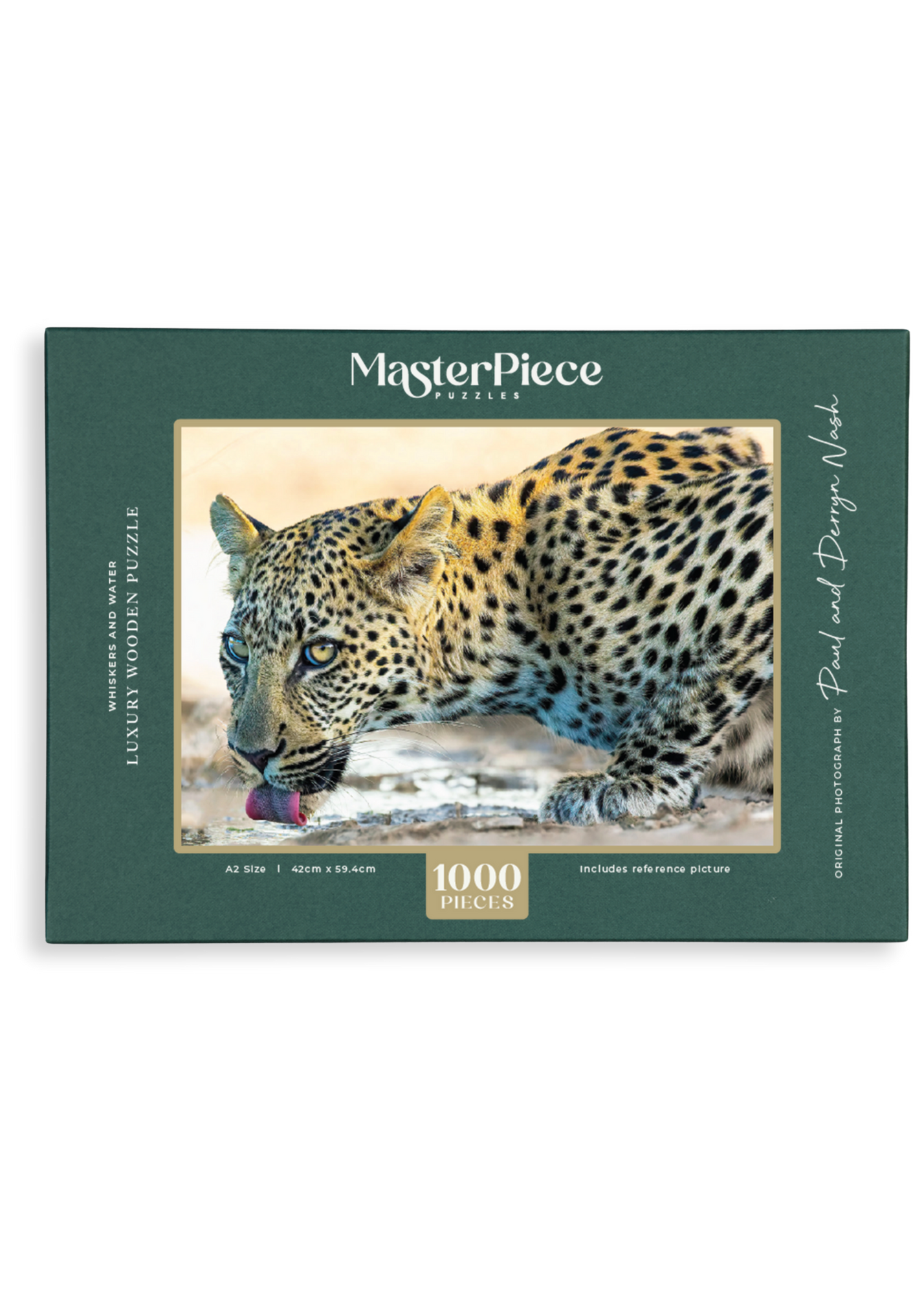 Whiskers And Water is a MasterPiece wooden jigsaw puzzle that features a beautiful photograph of a leopard drinking at the water's edge.

Precision-cut from 3mm wood and expertly printed, our MasterPiece puzzles offer a tactile and satisfying puzzling experience like no other. They are perfect for wildlife lovers, nature enthusiasts and anyone looking for a thoughtful gift.