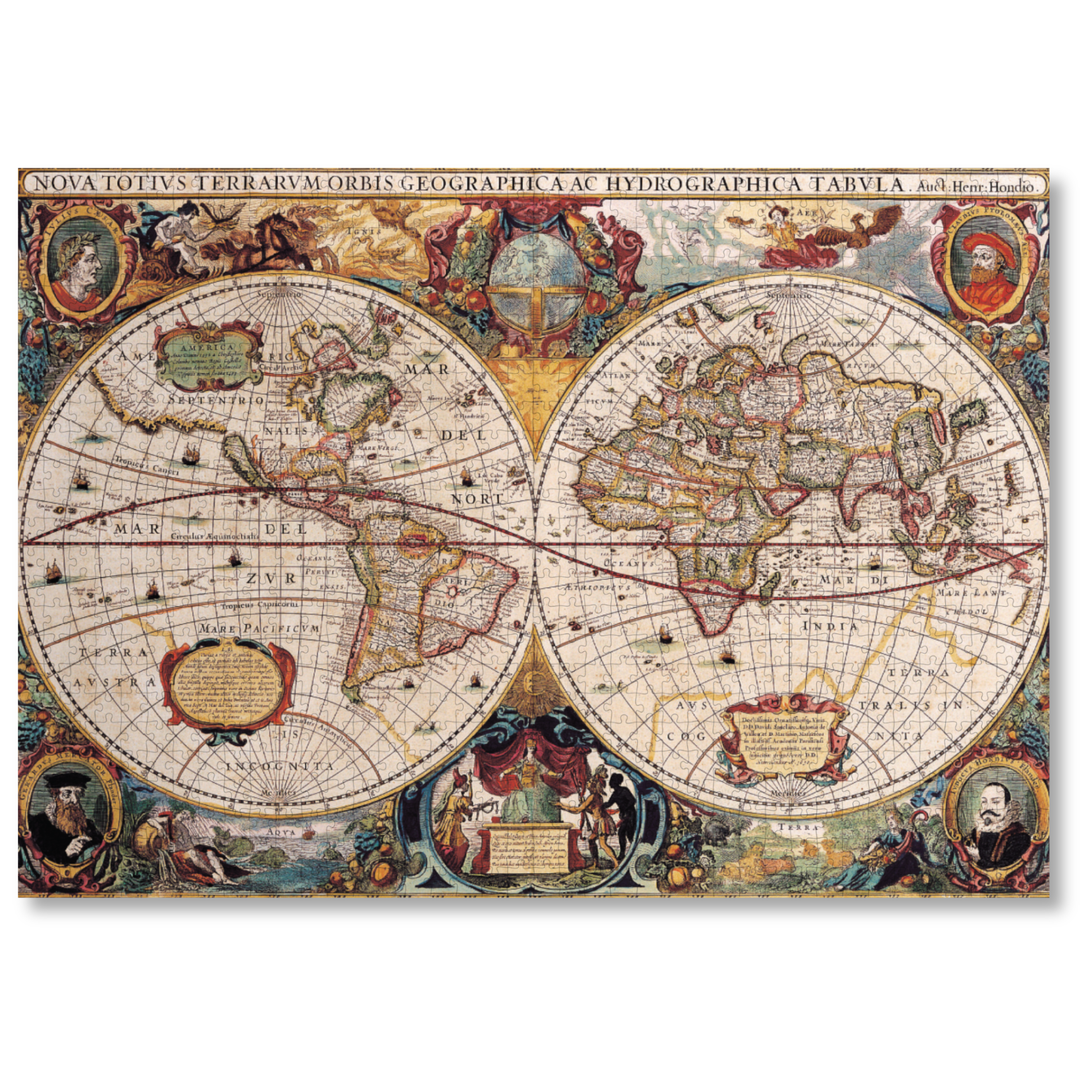 This luxury wooden puzzle is of 'Nova Totius Terrarum Orbis Geographica Ac Hydrographica Tabula Auct. Henr: Hondio'. 