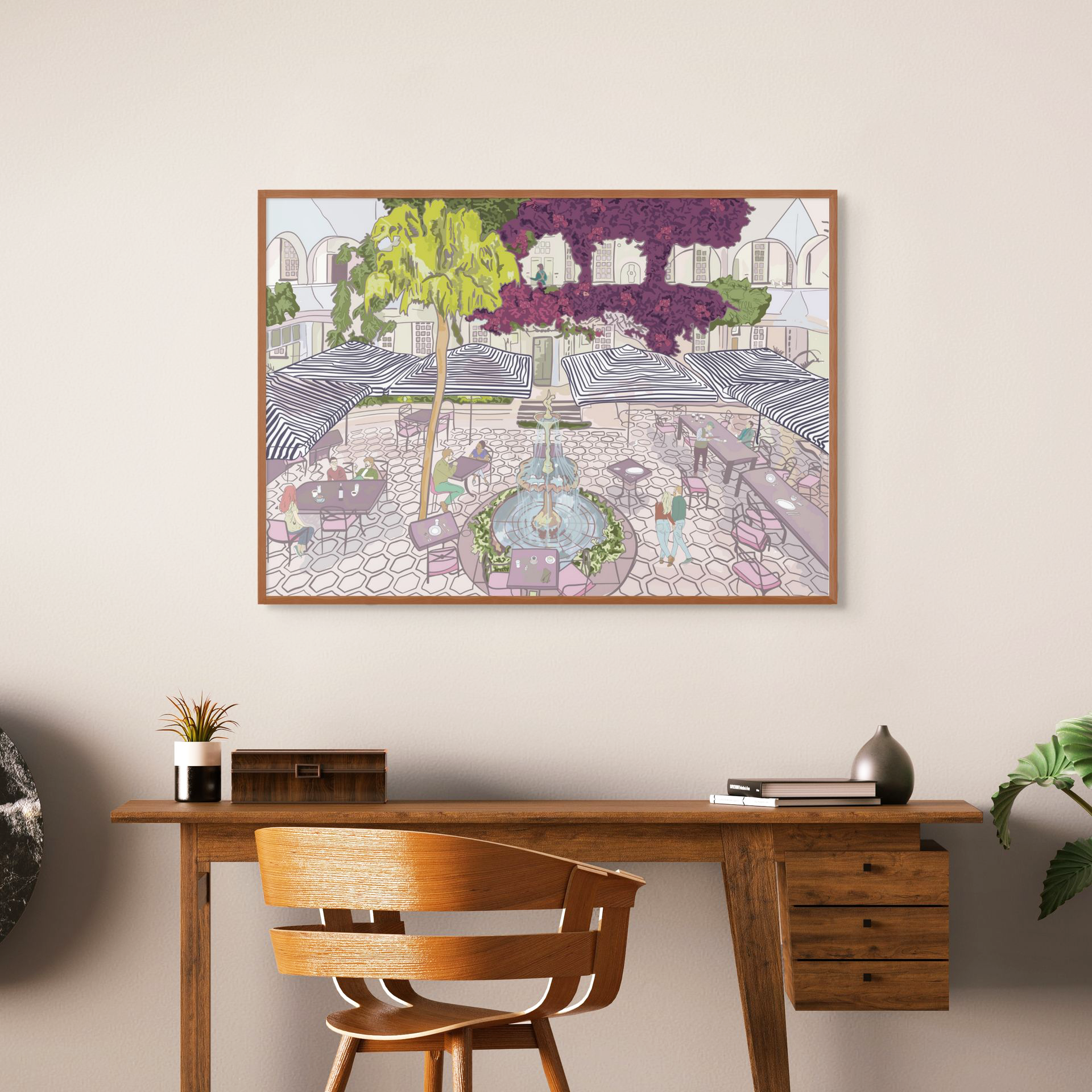 A MasterPiece luxury wooden puzzle of The Winchester Hotel in Seapoint. This puzzle features the iconic courtyard with striped umbrellas and lush greenery draping from the balconies. This puzzle features a gondola, pastel buildings and a pink sky. Great for a keep-sake, heirloom, gift ideas and even wall art or home decor if framed.