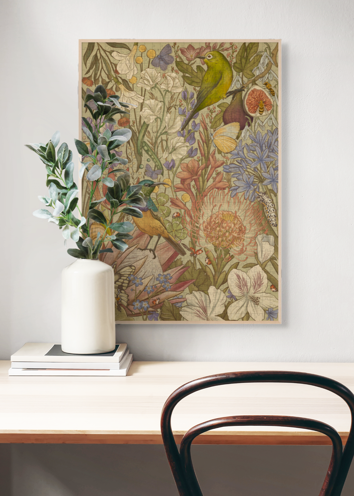 Fynbos Symphony is a MasterPiece wooden jigsaw puzzle that features a stunning nature-inspired illustration that is rich with diverse flora and fauna. Soft, earthy tones create a vintage botanical aesthetic, while vibrant birds and delicate insects bring the scene to life. Precision-cut from 3mm thick wood and expertly printed, our MasterPiece puzzles offer a tactile and satisfying puzzling experience like no other. They are perfect for art lovers, bird lovers and anyone looking for a thoughtful gift.