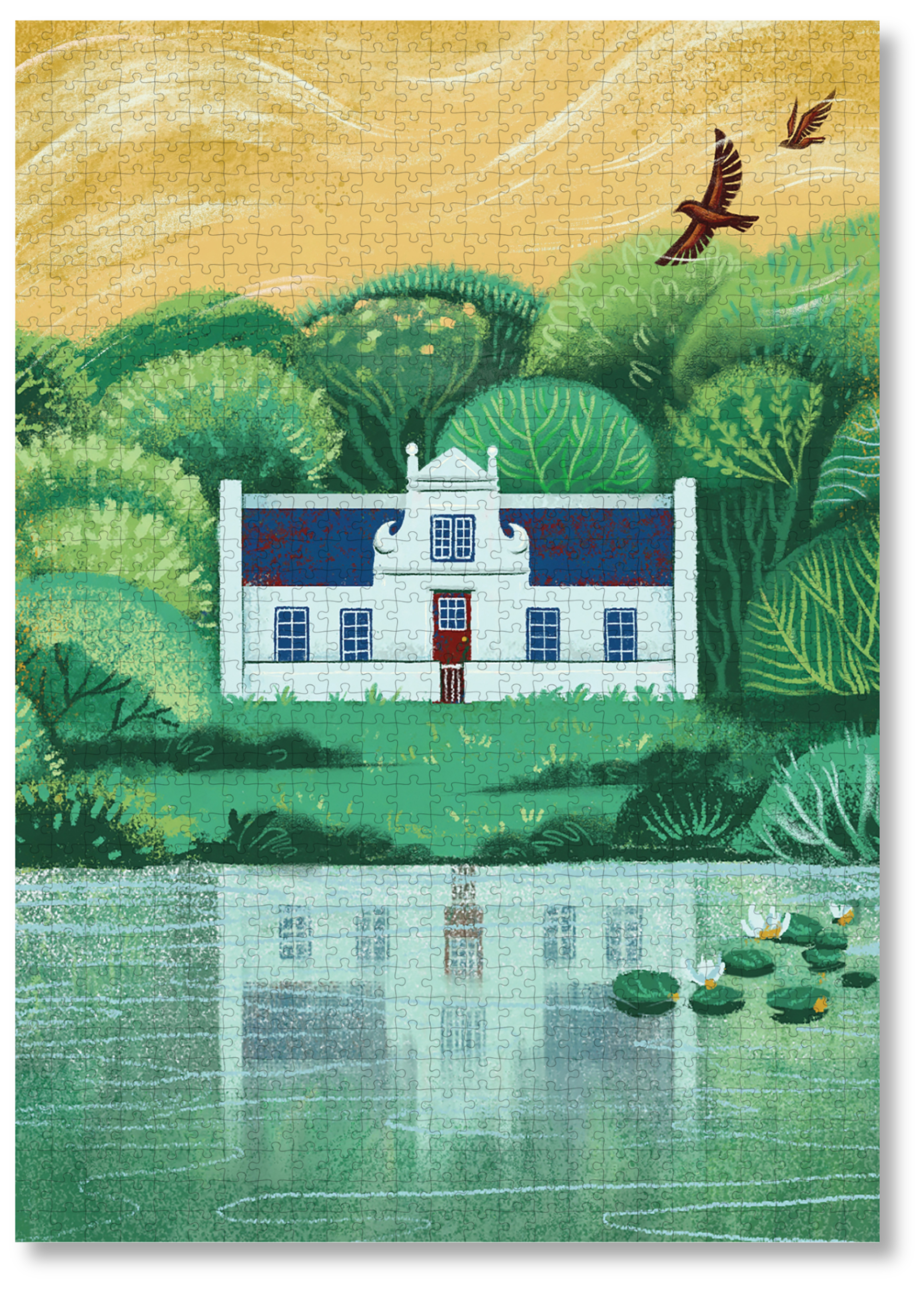 A wooden jigsaw puzzle featuring an illustration of the Zevenwacht Wine Estate manor house. Perfect for art lovers and anyone looking for a thoughtful gift. 