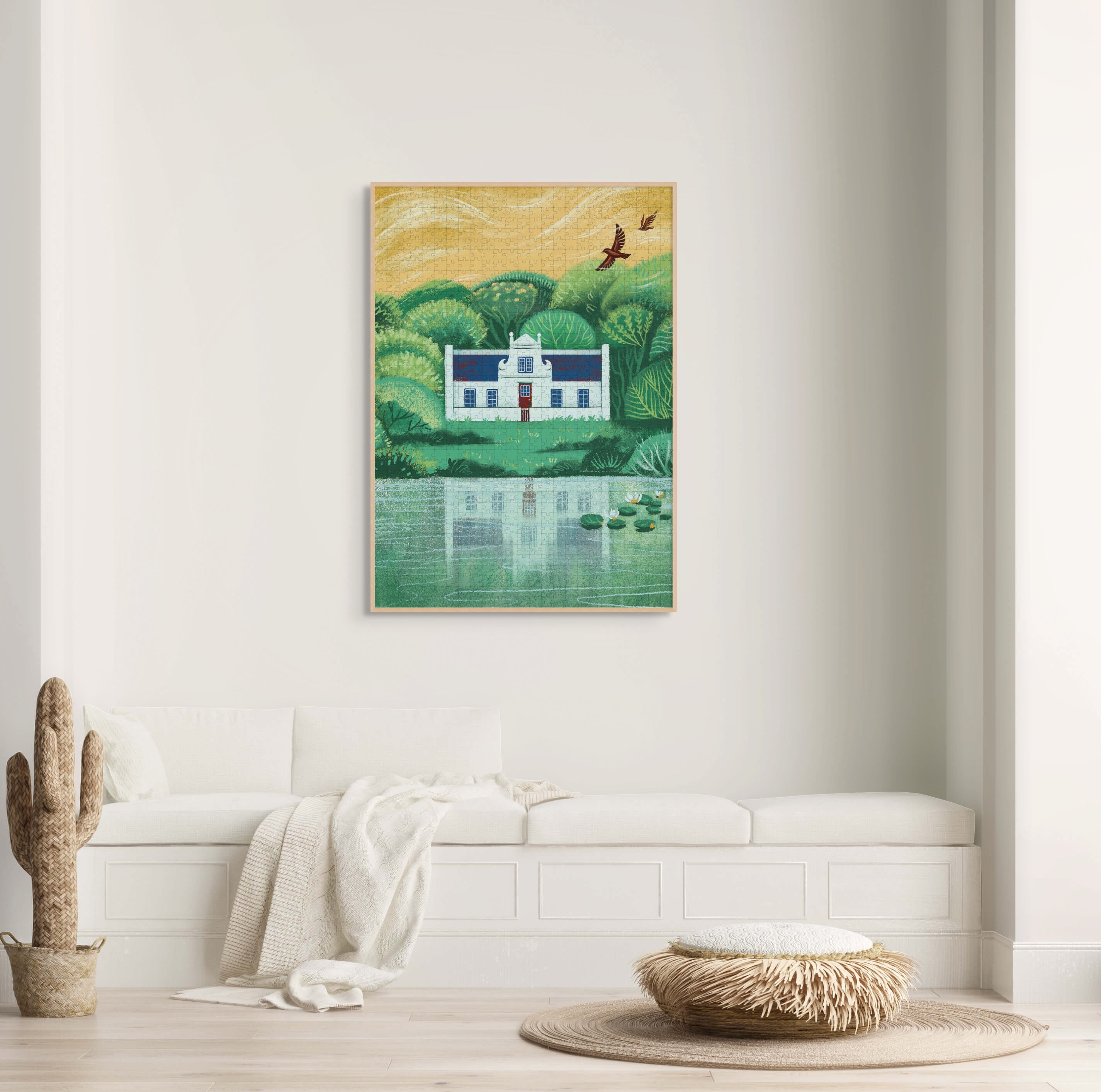 A wooden jigsaw puzzle featuring an illustration of the Zevenwacht Wine Estate manor house. Perfect for art lovers and anyone looking for a thoughtful gift. 